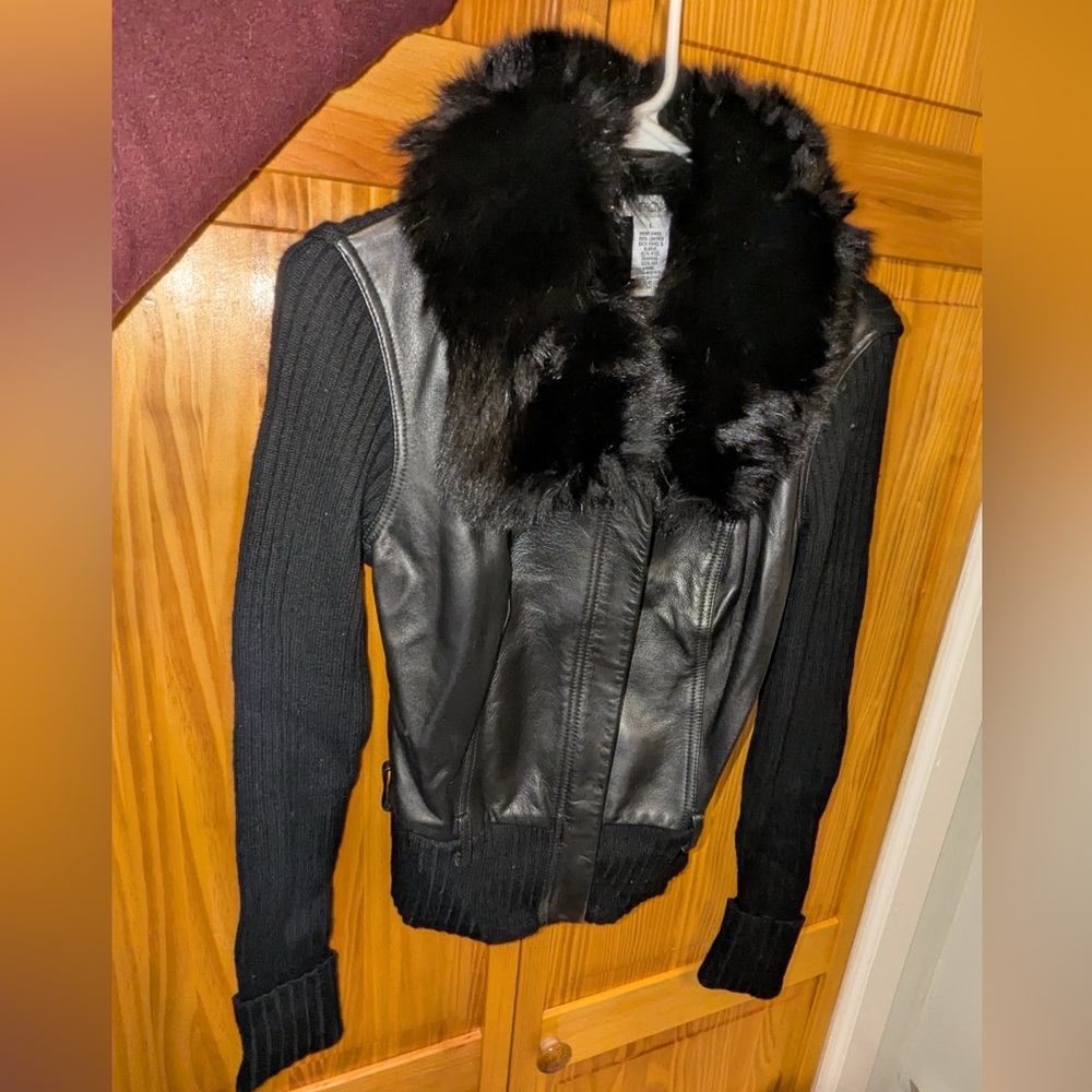 Caché Black Leather Jacket with Fox Fur Collar